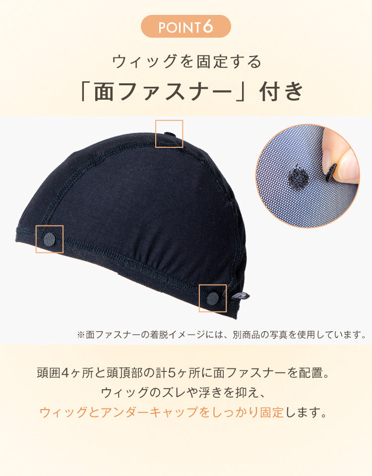 頭囲4ヶ所と頭頂部の計5ヶ所に面ファスナーを配置。ウィッグのズレや浮きを抑え、
ウィッグとアンダーキャップをしっかり固定します。