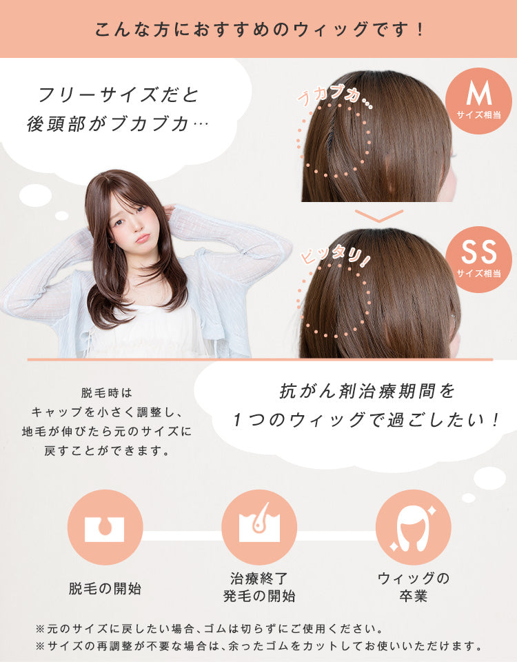 極ぴたっキャップは、フリーサイズだと後頭部の生地が余ってしまう方や、抗がん剤治療中の脱毛時に、キャップを小さくしたい方におすすめです
