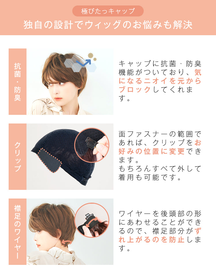 極ぴたっキャップ 独自設計でウィッグのお悩みを解決 抗菌・防臭、クリップ、襟足ワイヤー搭載