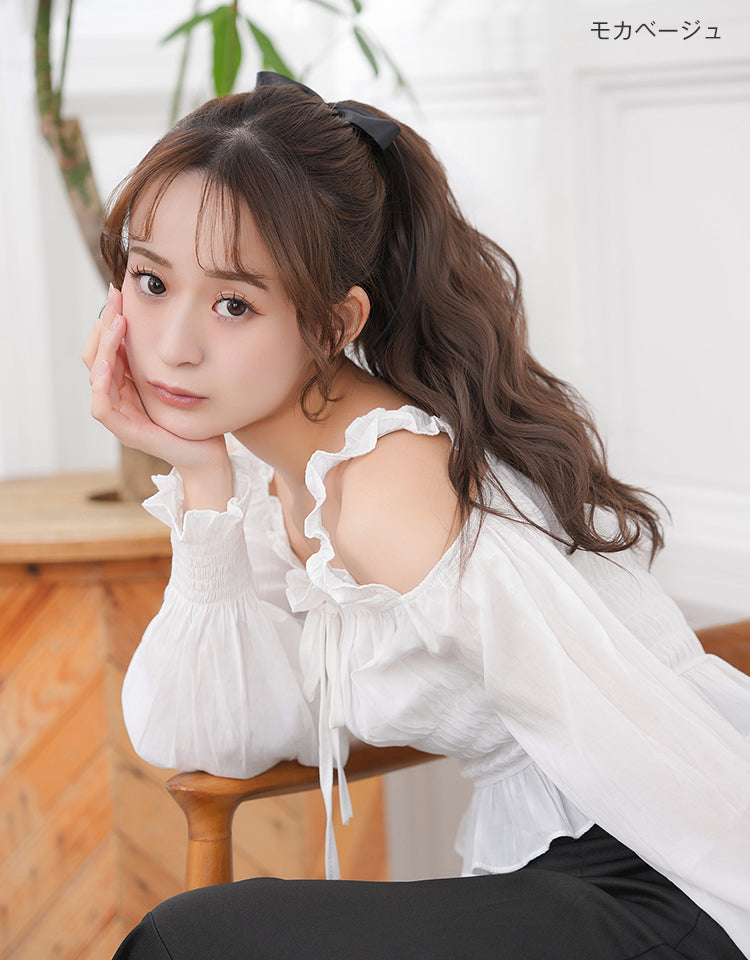 リボンポニーテールシフォンウェイブモカベージュ着用モデル