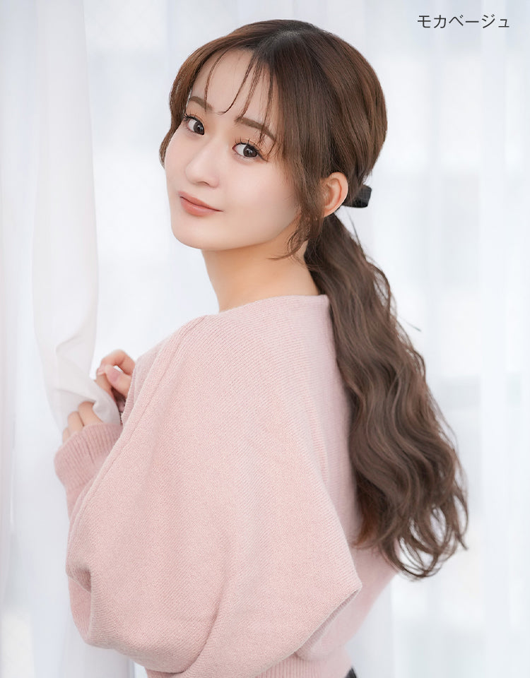 リボンポニーテールシフォンウェイブモカベージュ着用モデル