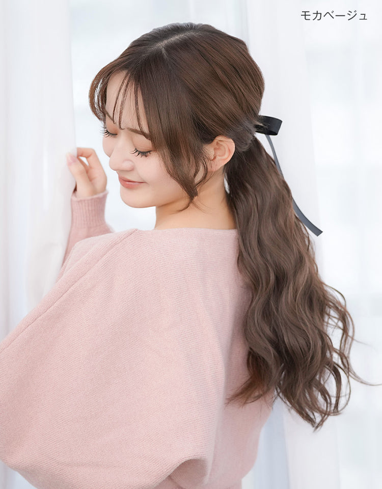 リボンポニーテールシフォンウェイブモカベージュ着用モデル