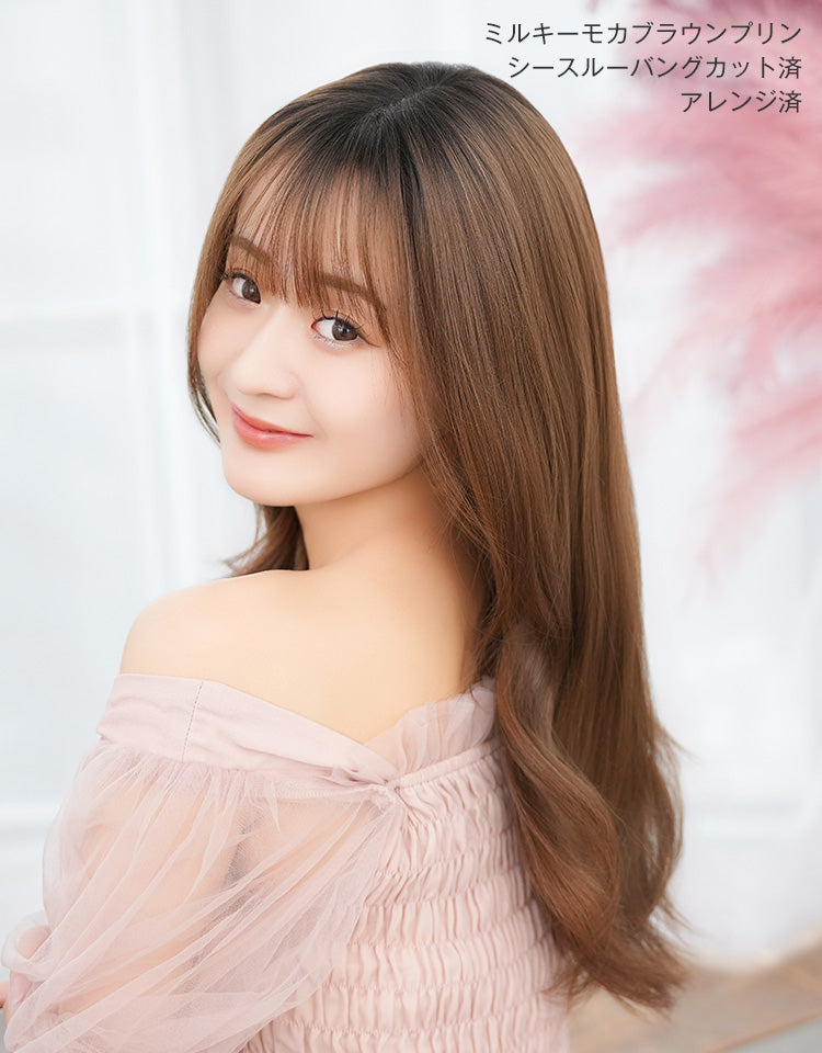 ヘアピースワイドレースフロントナチュラルロング シースルーバングカットとアレンジ済み