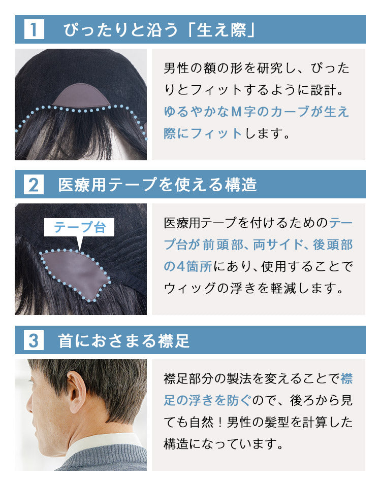 ソリッドショート人毛MIX ぴったりと沿う生え際。医療用テープを使える構造。首におさまる襟足。
