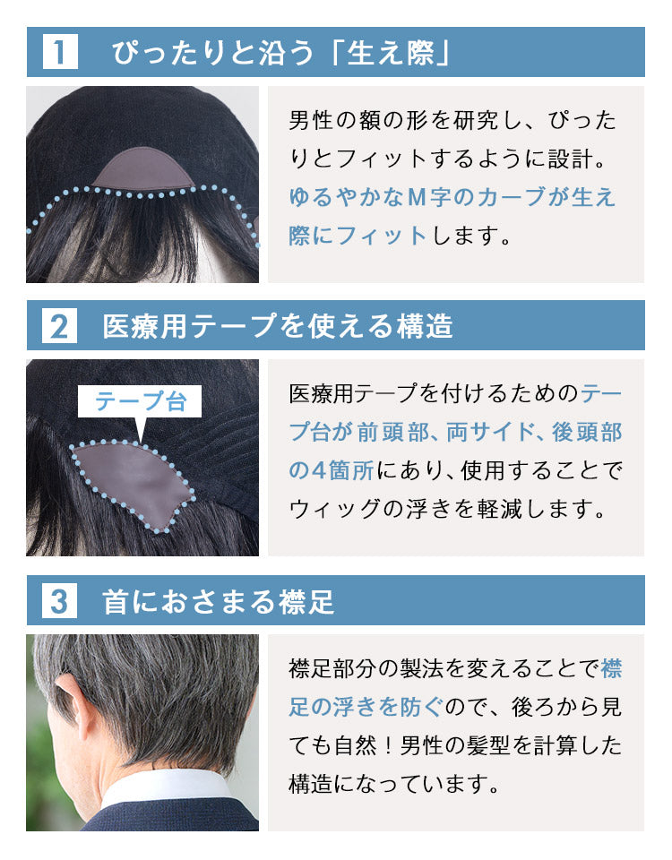 エリートショート人毛MIX ぴったりと沿う生え際。医療用テープを使える構造。首におさまる襟足。