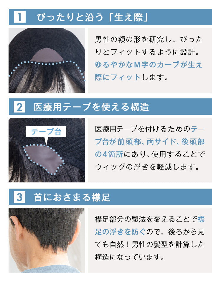 ぴったりと沿う生え際。医療用テープを使える構造。首におさまる襟足。