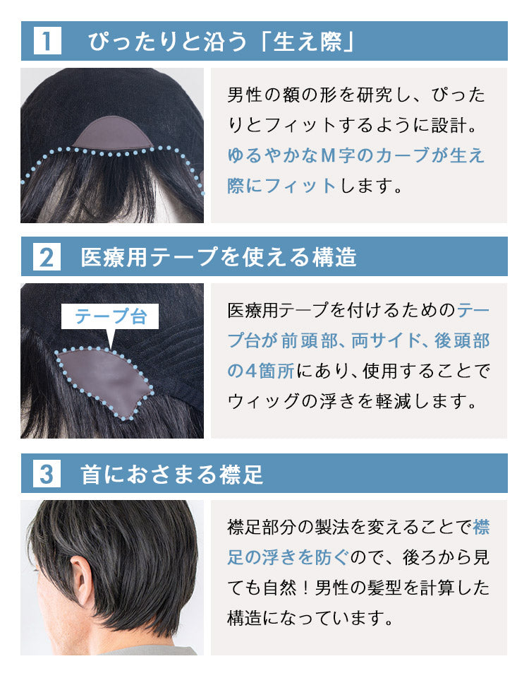 エグゼショート人毛MIX ぴったりと沿う生え際。医療用テープを使える構造。首におさまる襟足。