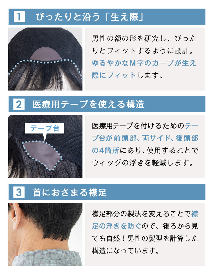 ぴったりと沿う生え際。医療用テープを使える構造。首におさまる襟足。