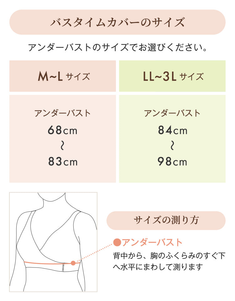 バスタイムカバー サイズ表 アンダーバスト M〜L 68〜83cm LL〜3L 84〜98cm