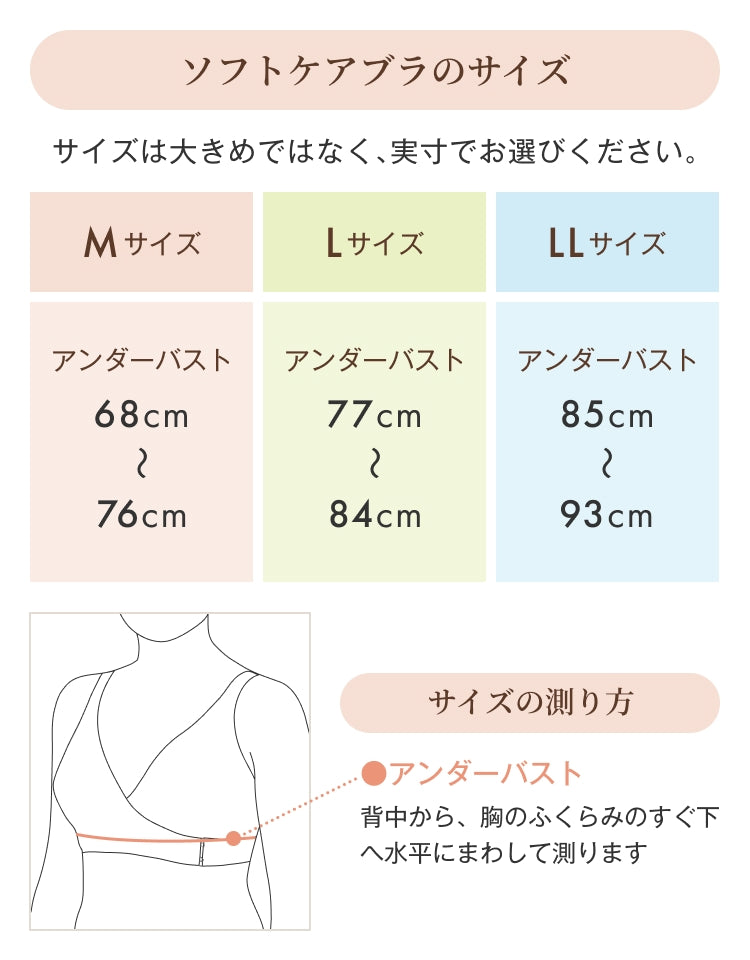 ソフトケアブラ サイズ表 M・L・LLサイズ アンダーバスト68cm〜93cm
