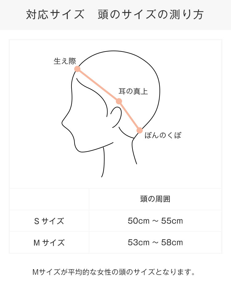対応サイズ 頭のサイズの測り方 Sサイズ：50cm～55cm Mサイズ：53cm～58cm