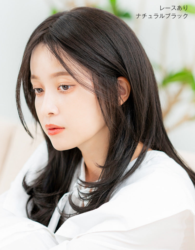 天使のベースウィッグ人毛MIX ナチュラルブラック レースありを着用したモデル写真