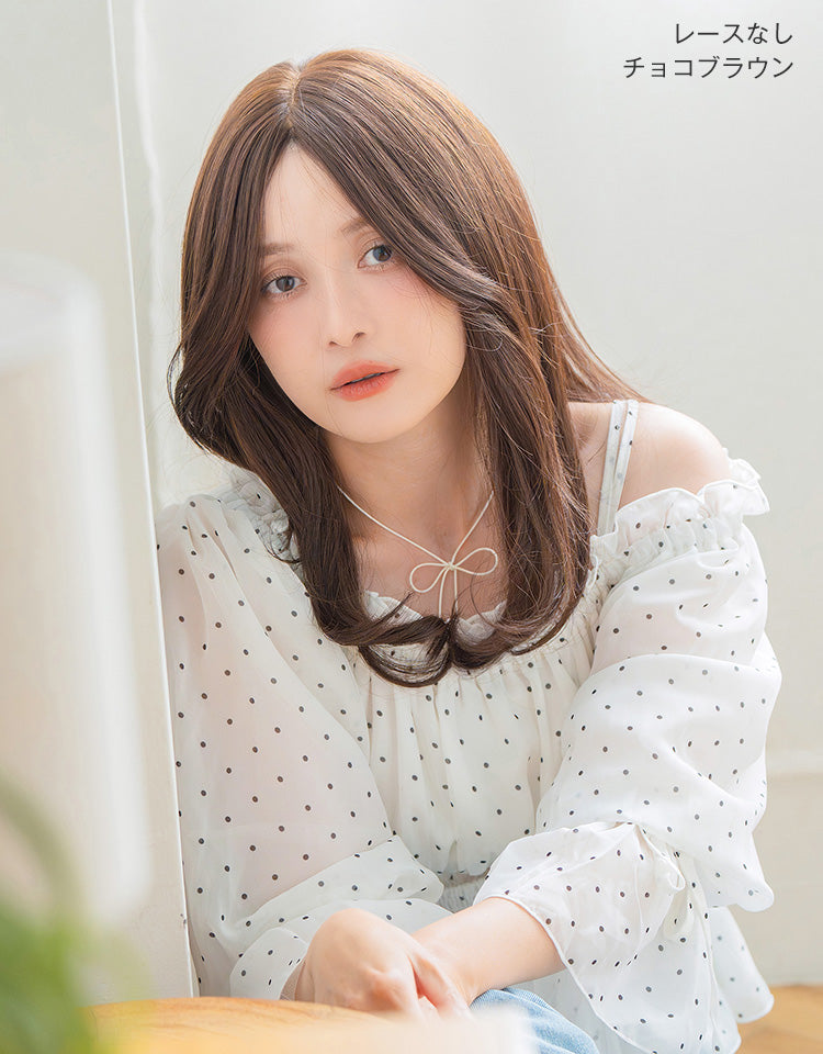 天使のベースウィッグ人毛MIX チョコブラウン レースなしを着用したモデル写真