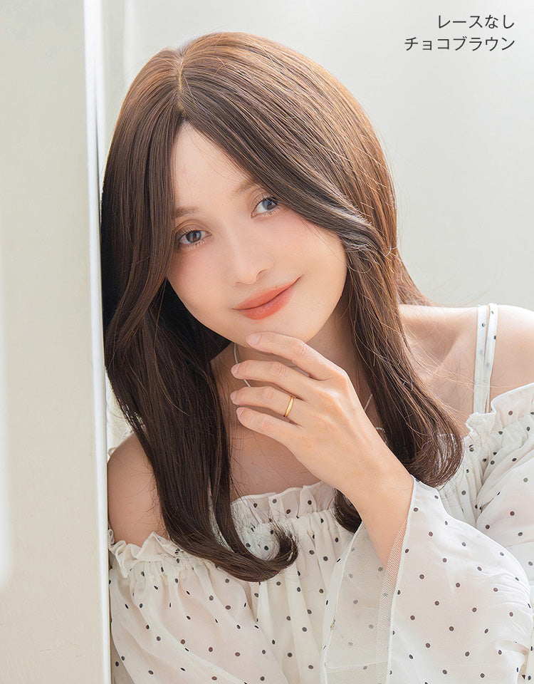 天使のベースウィッグ人毛MIX チョコブラウン レースなしを着用したモデル写真