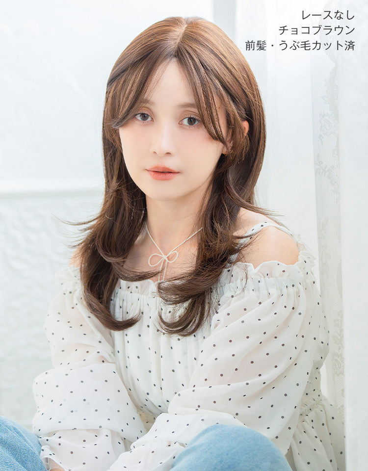 天使のベースウィッグ人毛MIX チョコブラウン レースなしの前髪・うぶ毛カット済を着用したモデル写真