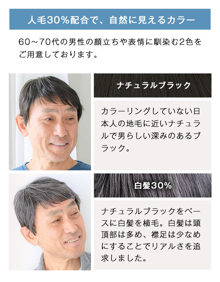60代～70代の男性の顔立ちや表情に馴染む2色をご用意しております。
