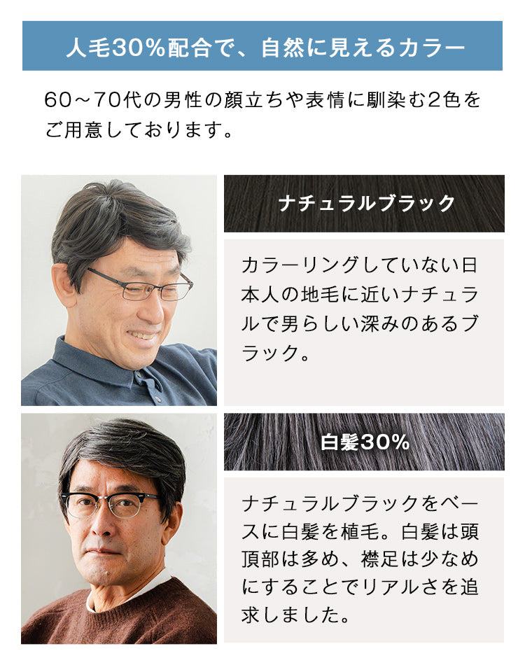 60代～70代の男性の顔立ちや表情に馴染む2色をご用意しております。