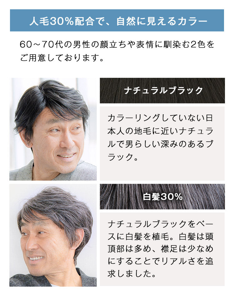 60代～70代の男性の顔立ちや表情に馴染む2色をご用意しております。