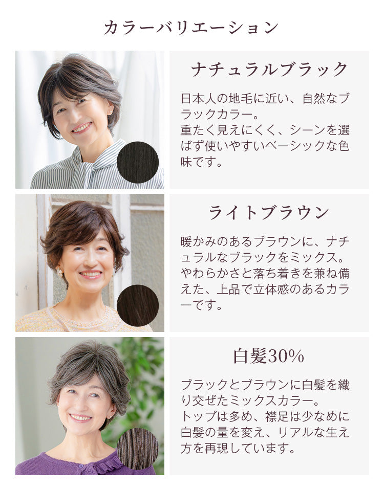 ナチュラルブラックは日本人の地毛に近い、自然なブラックカラー。重たく見えにくく、シーンを選ばず使いやすいベーシックな色味です。ライトブラウンは暖かみのあるブラウンに、ナチュラルなブラックをミックス。やわらかさと落ち着きを兼ね備えた、上品で立体感のあるカラーです。白髪30%はブラックとブラウンに白髪を織り交ぜたミックスカラー。トップは多め、襟足は少なめに白髪の量を変え、リアルな生え方を再現しています。