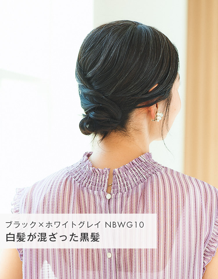 白髪が混ざった黒髪（ブラック×ホワイトグレイ）を着用したモデル
