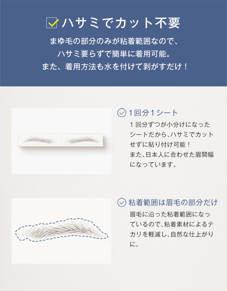 ハサミでカット不要。1回分1シートで、粘着範囲は眉毛の部分だけ